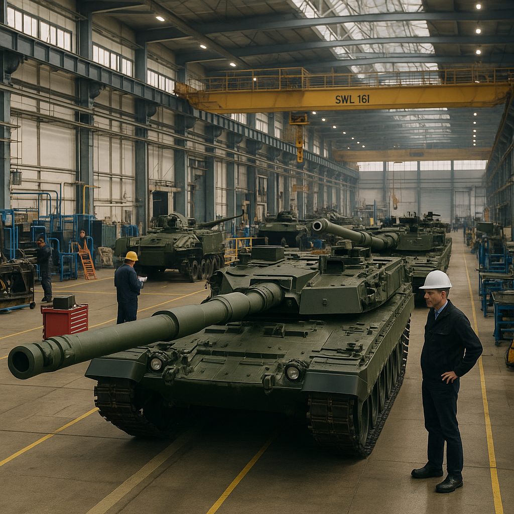 Military equipment in a manufacturing plant, symbolizing production alliances