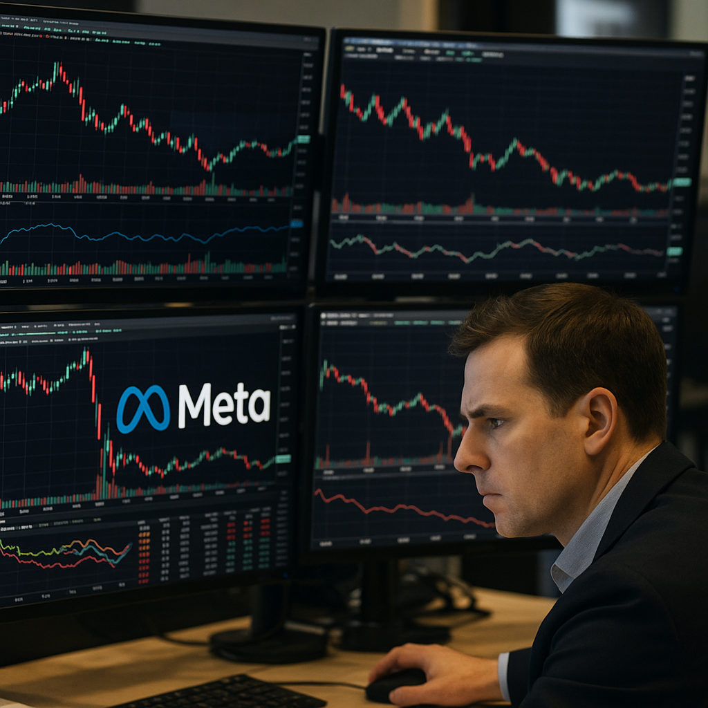 A stock trader analyzing Meta financial data on multiple monitors