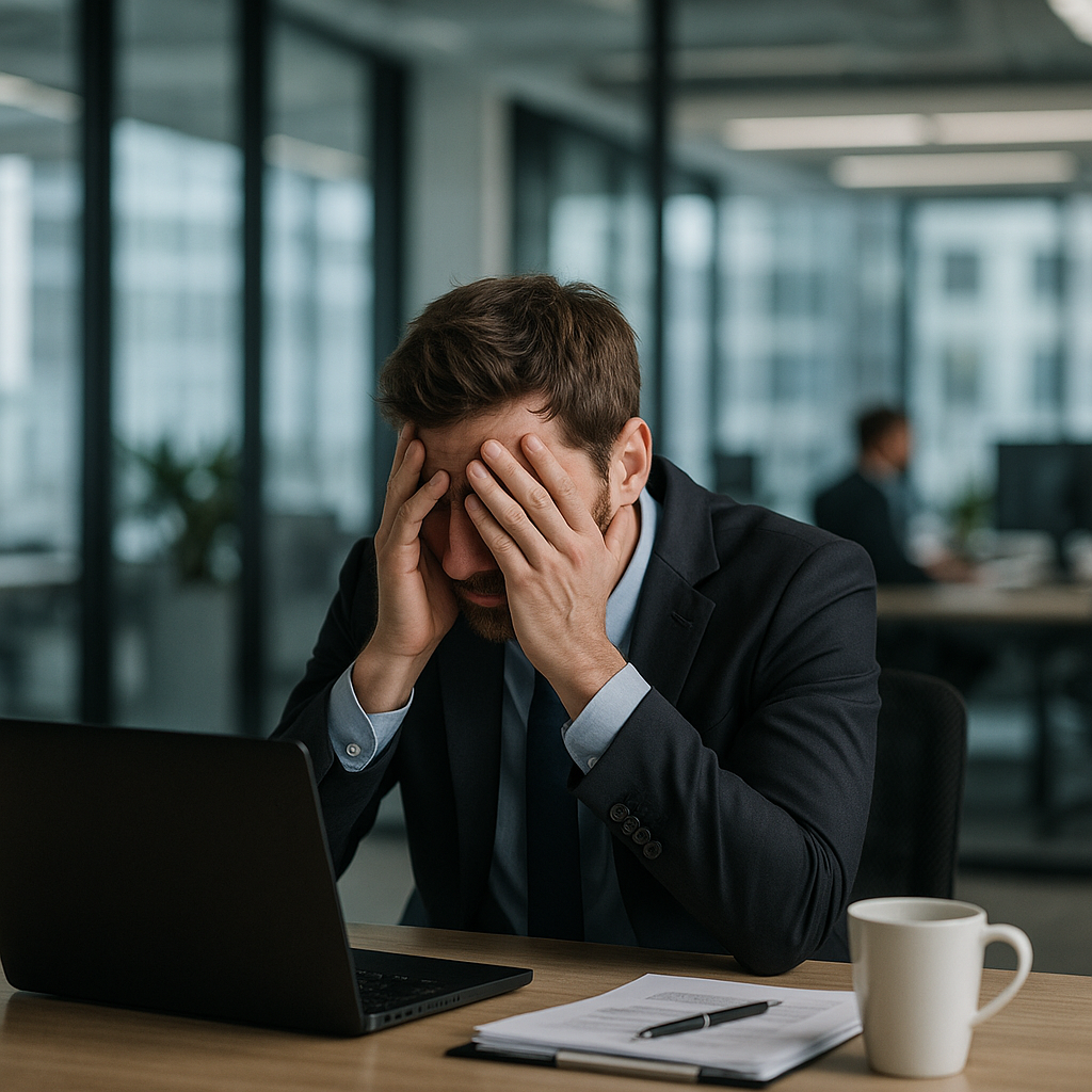 A frustrated employee sitting at a workstation, holding their head in their hands