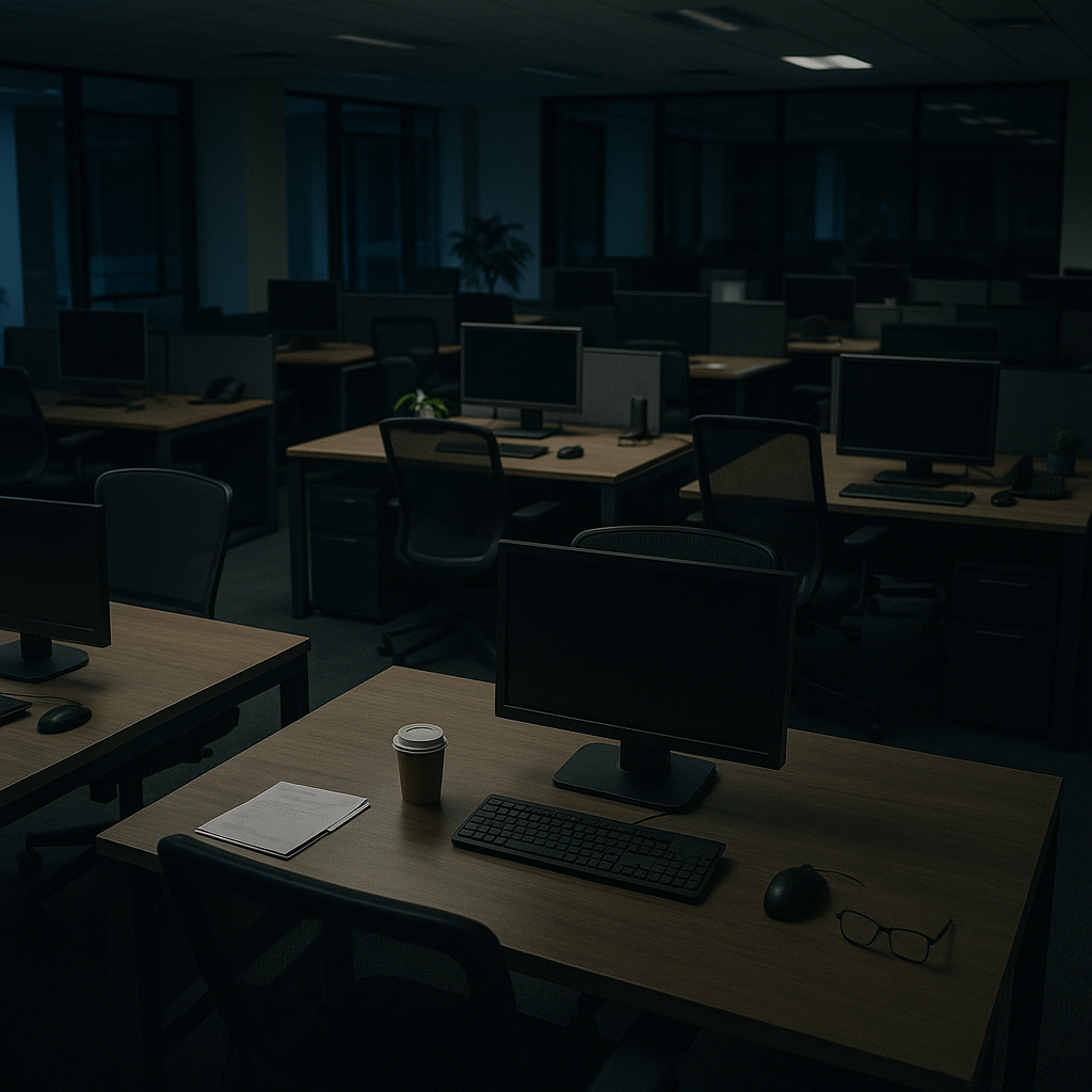A corporate office environment with empty desks and halted activity