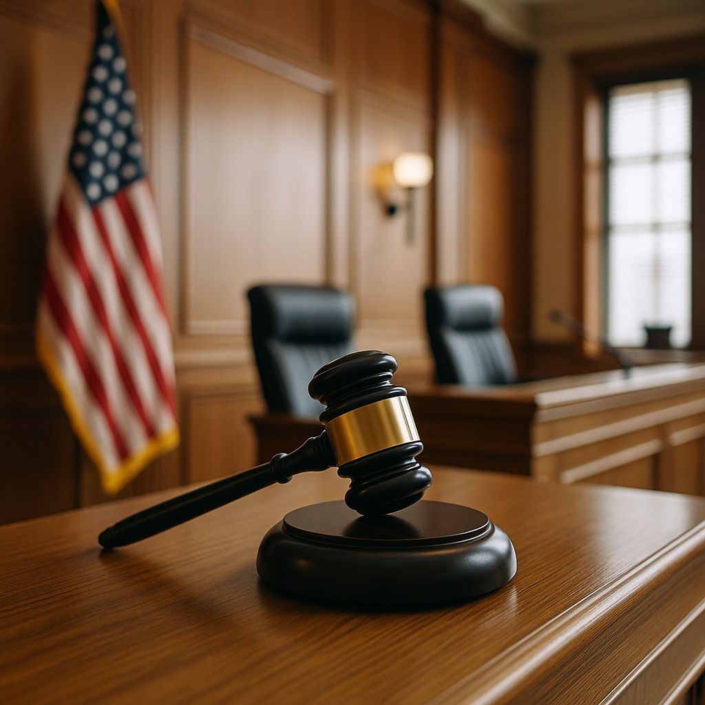 A courtroom with a gavel and U.S. flag in the background