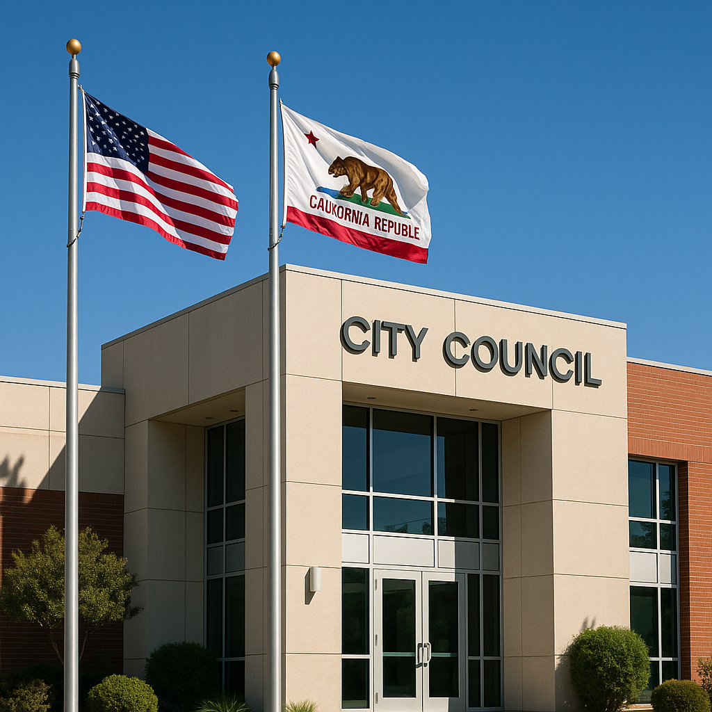 A local city council building with American and California state flags