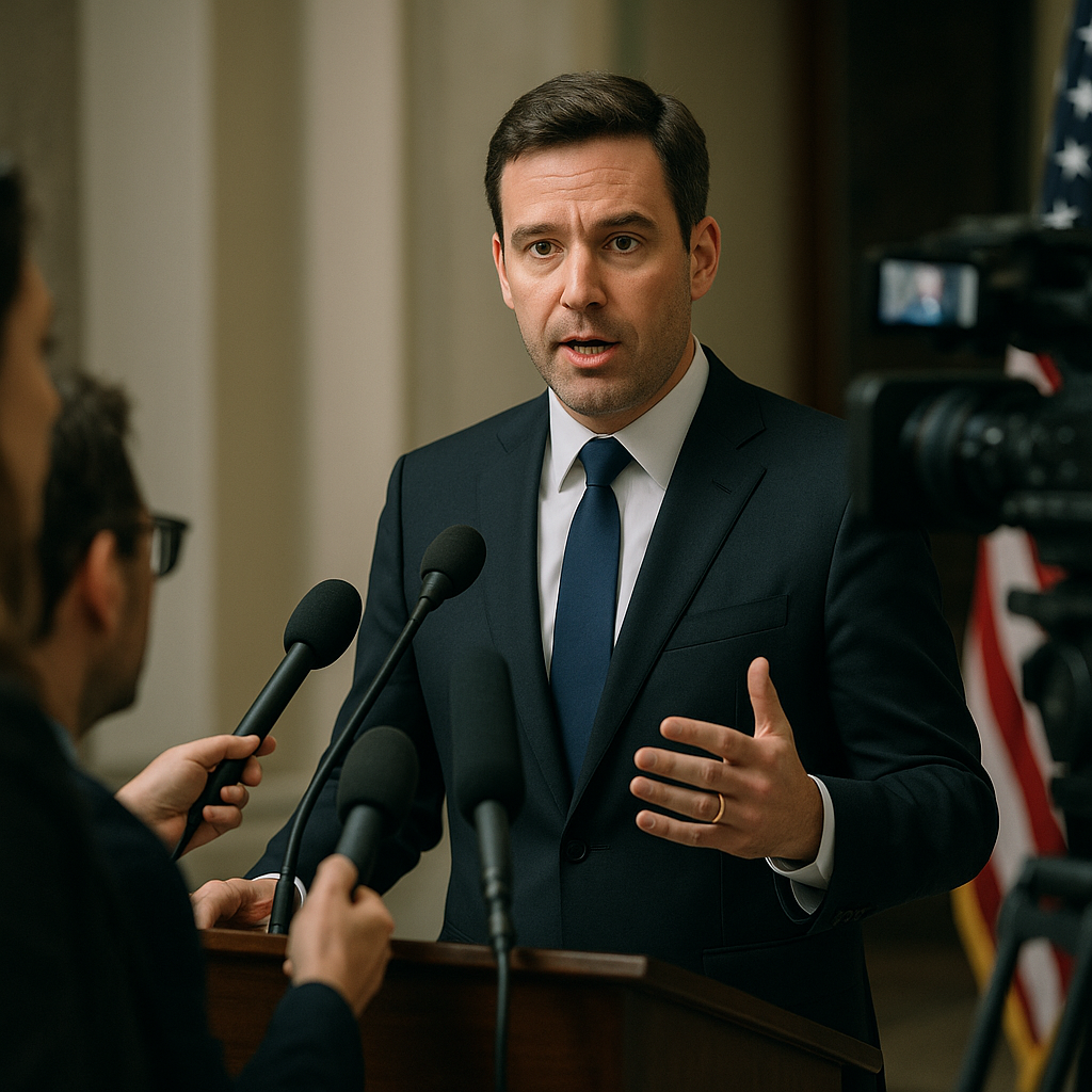 A political official giving a press conference with journalists in the audience