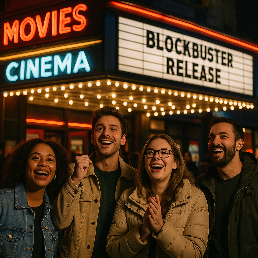 Crowds gathered at a movie theater box office for a blockbuster release