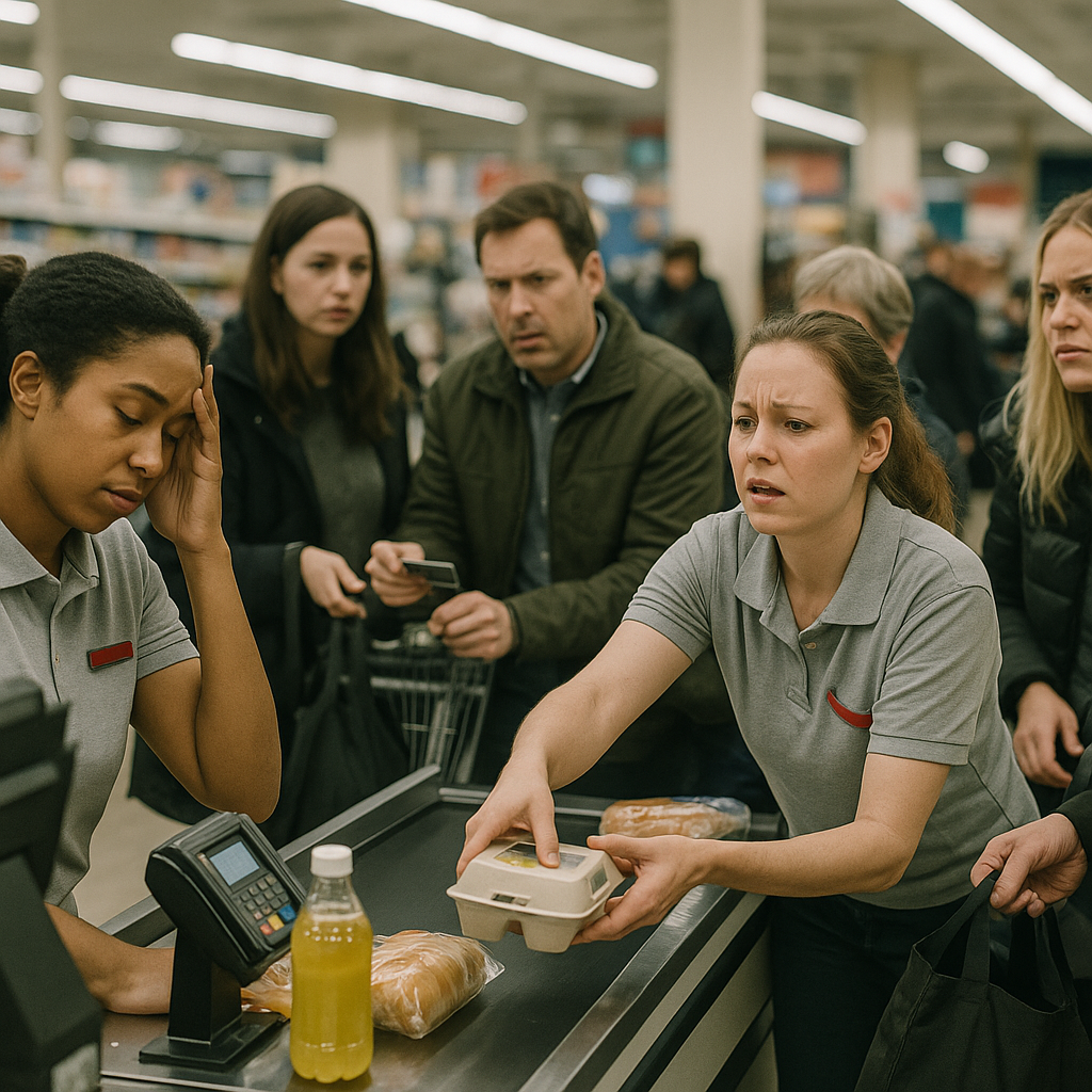 A busy retail checkout counter with stressed employees interacting with customers