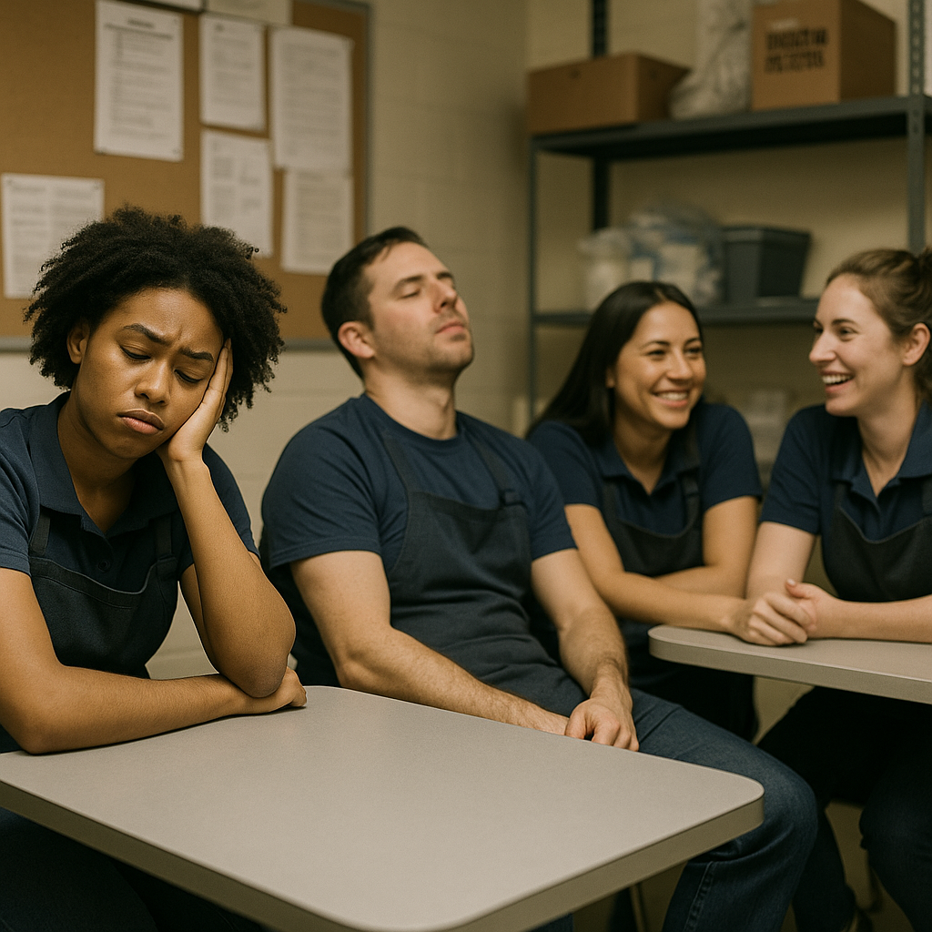 A group of retail workers in a breakroom; expressions showing exhaustion or relief