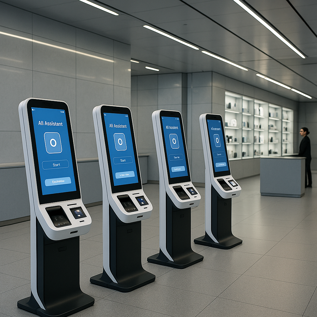 A futuristic store with AI-driven interactions, minimal human staff