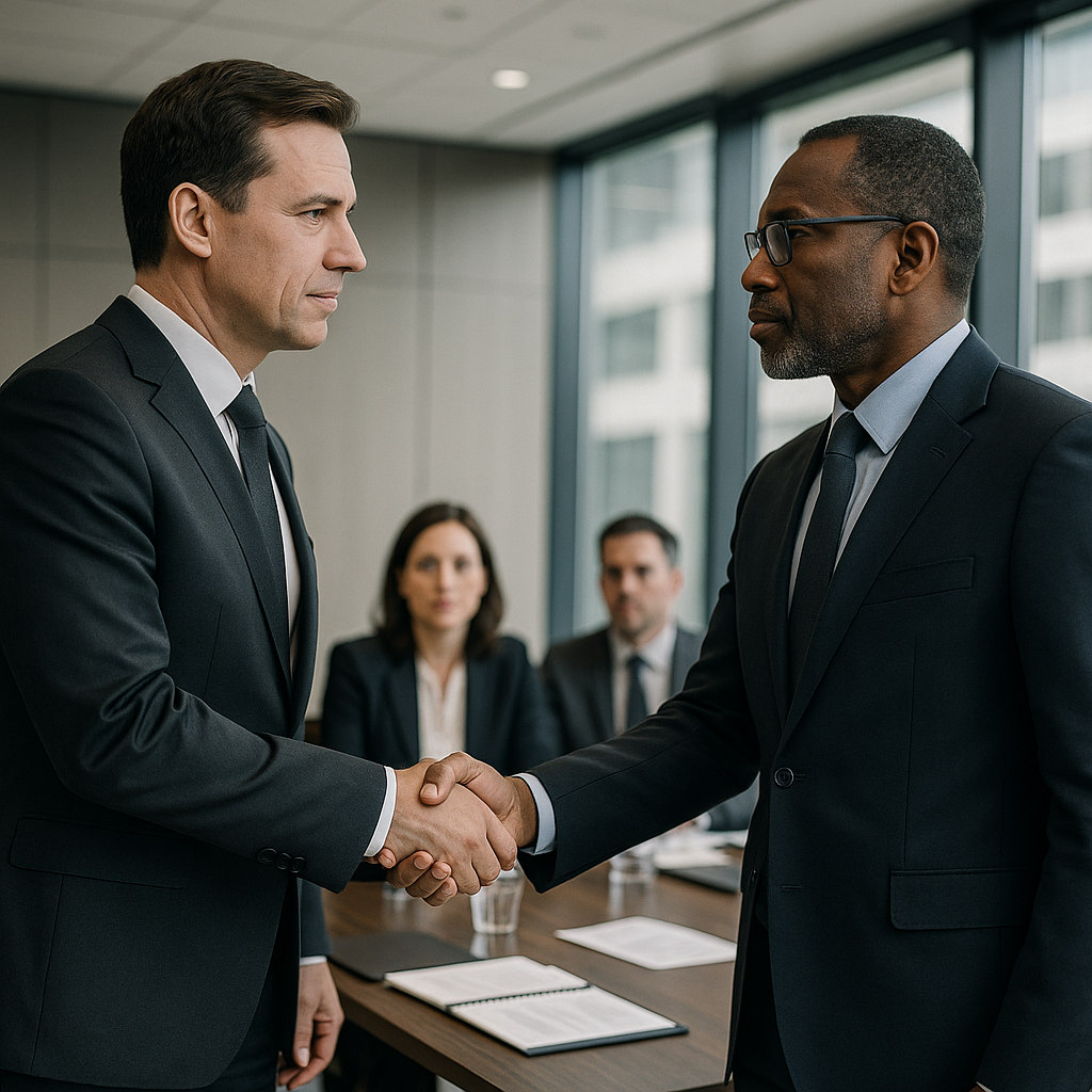 Byron Allen and Jonah Peretti shaking hands during BuzzFeed sale