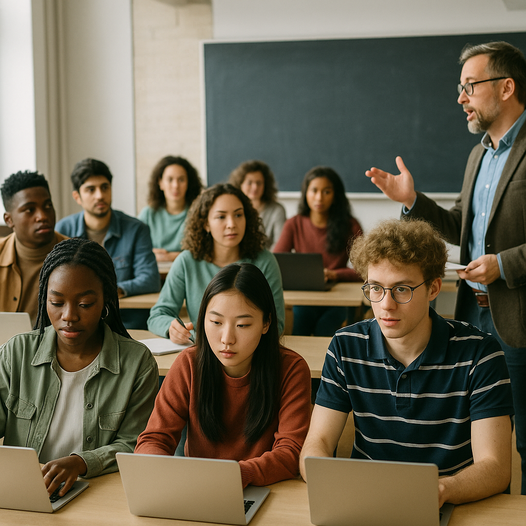 Students at a university classroom taking notes on laptops