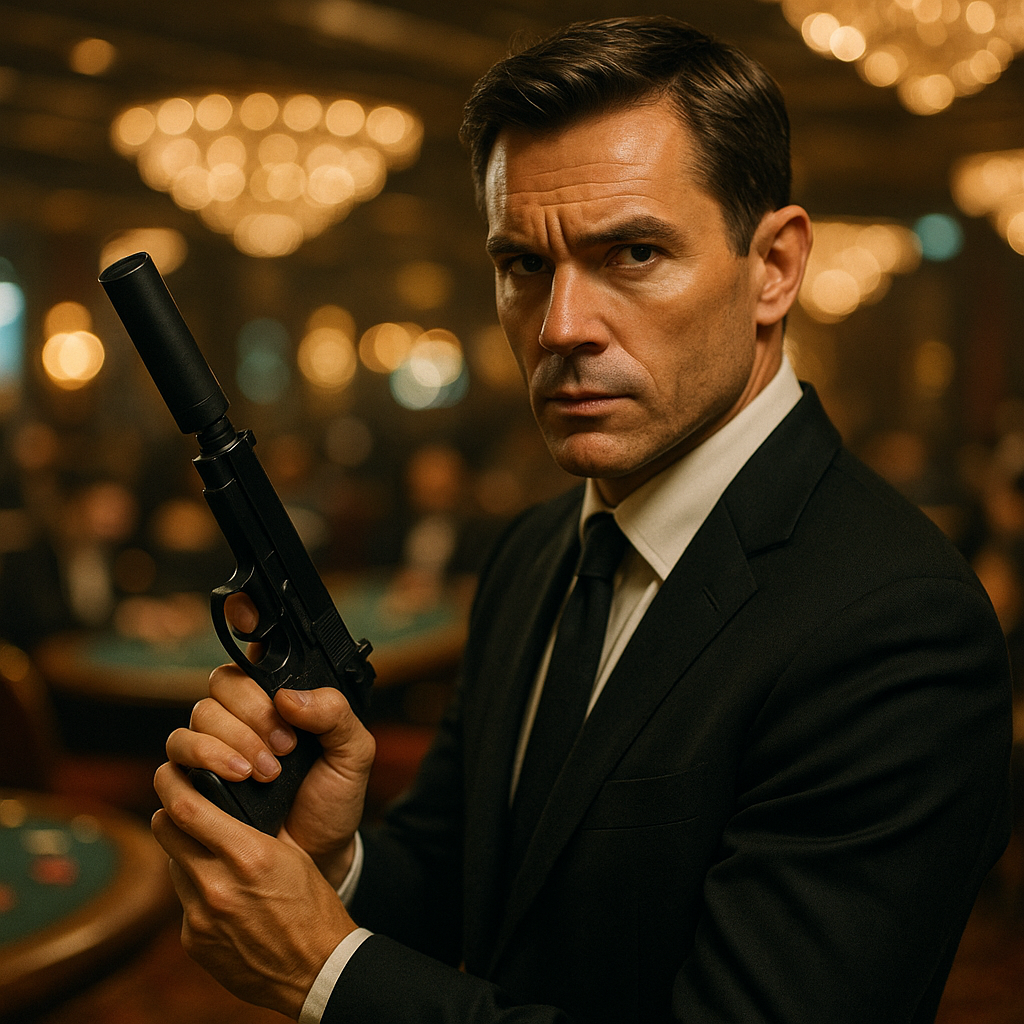 A cinematic close-up of a spy character aiming a silenced pistol in a dimly lit casino