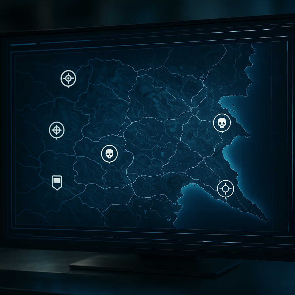 A sleek in-game map showcasing detailed mission locations around the world