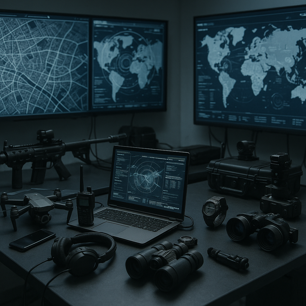 A concept artwork of a modern tech lab filled with spy gadgets and large touchscreen monitors