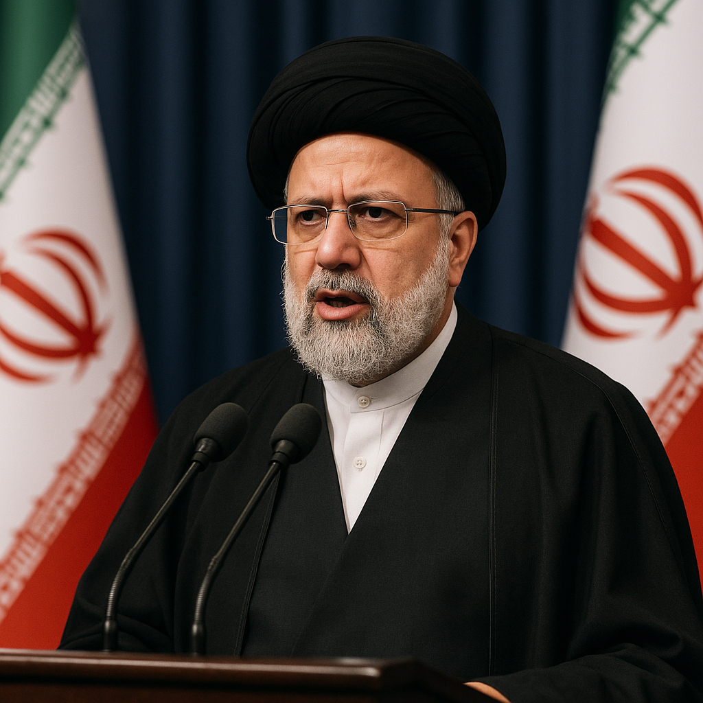 A portrait of Masoud Pezeshkian speaking during a press conference