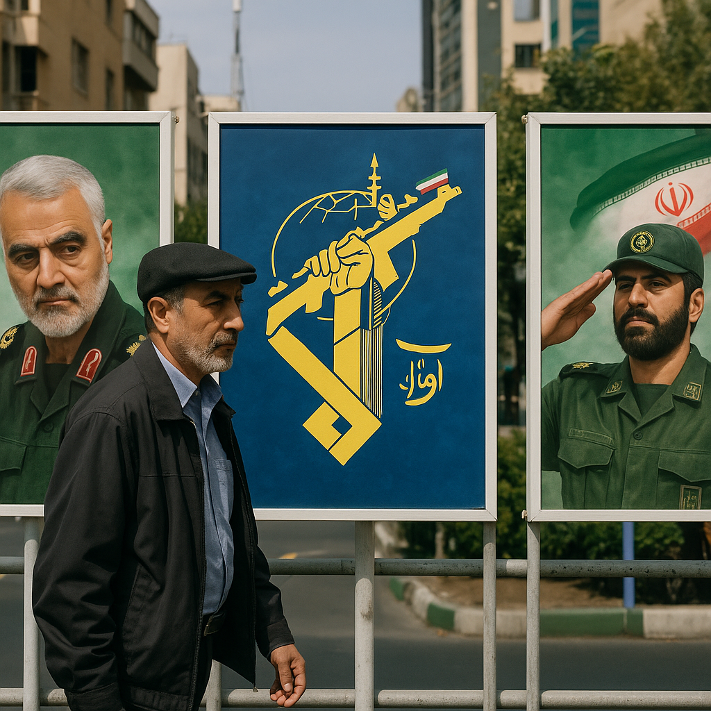 A view of Tehran’s Azadi Tower surrounded by banners promoting the IRGC