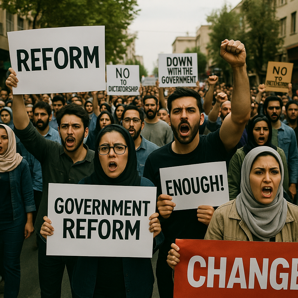 Protesters in Tehran holding banners calling for government reform