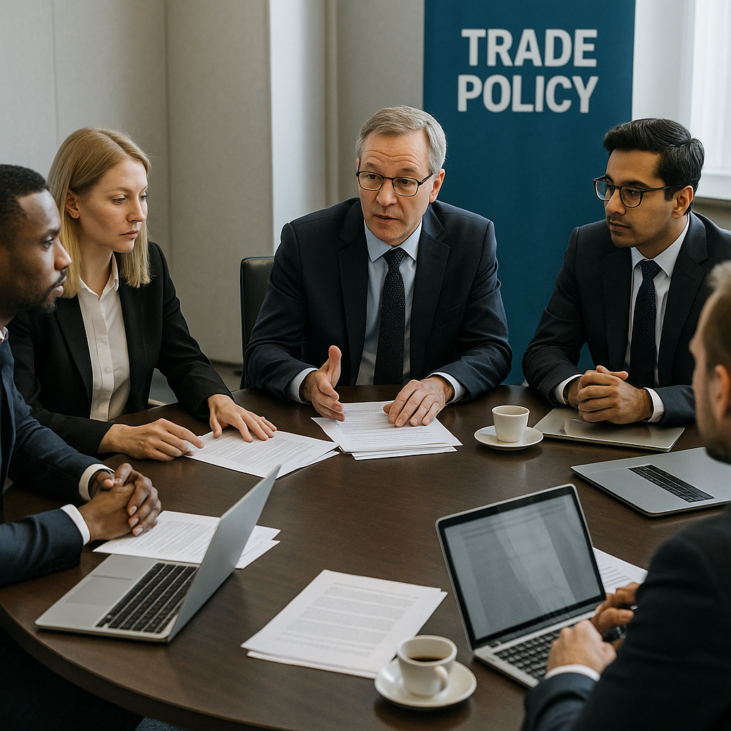 A trade negotiation table with diplomats discussing policy