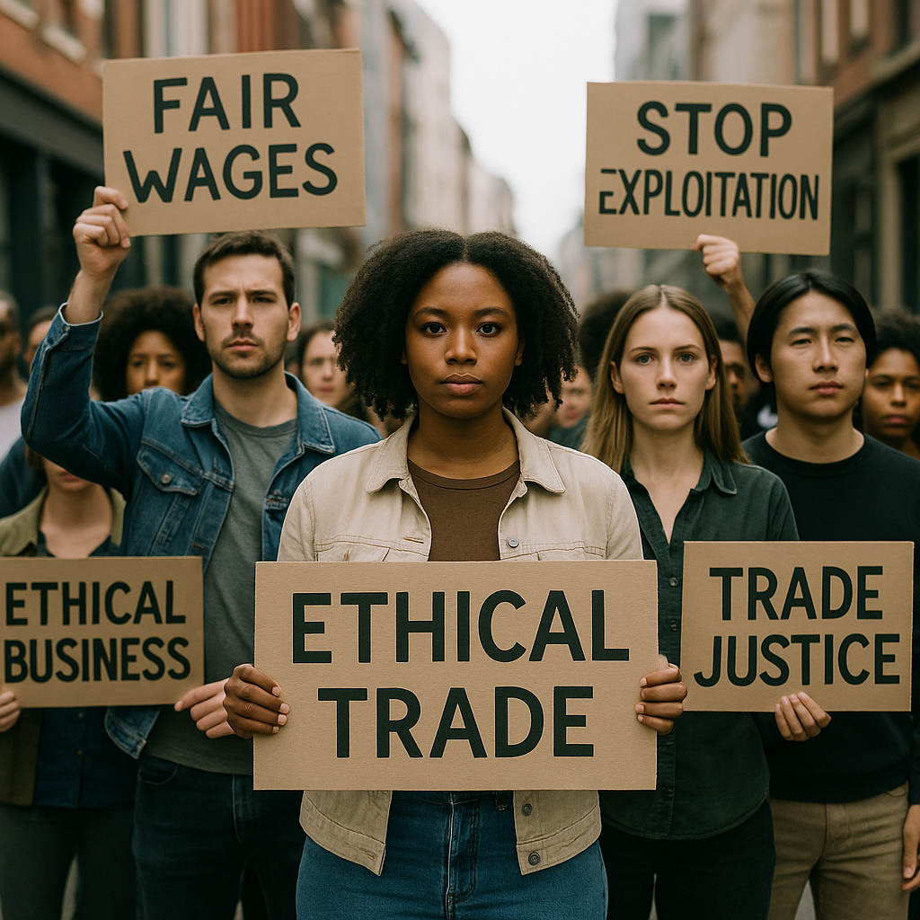 Protesters holding signs calling for ethical trade practices