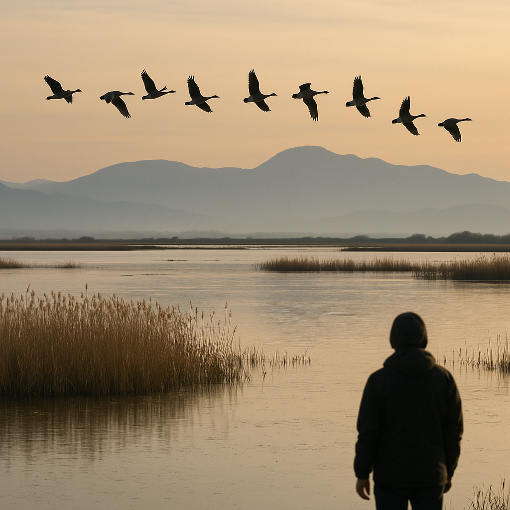 Migratory birds flying over wetlands near Great Salt Lake