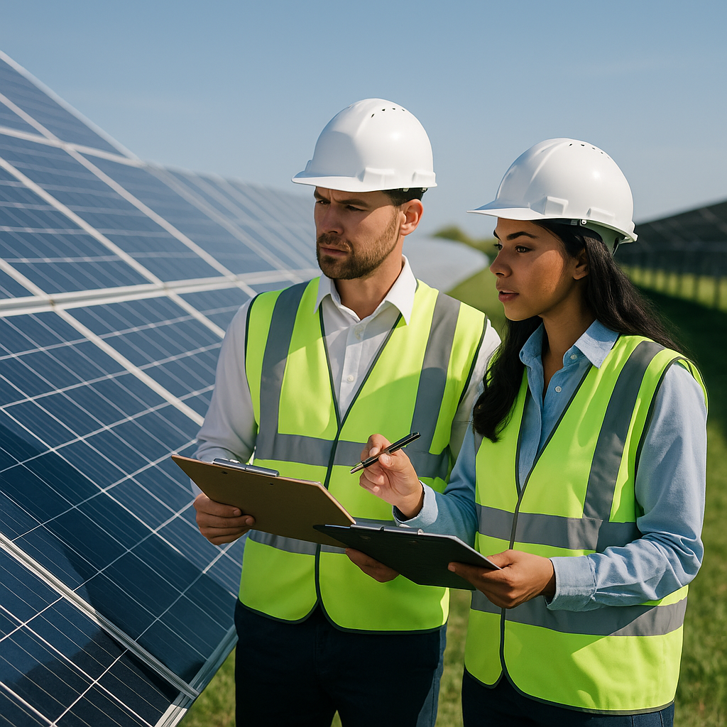 Engineers inspecting green energy solutions at solar farm