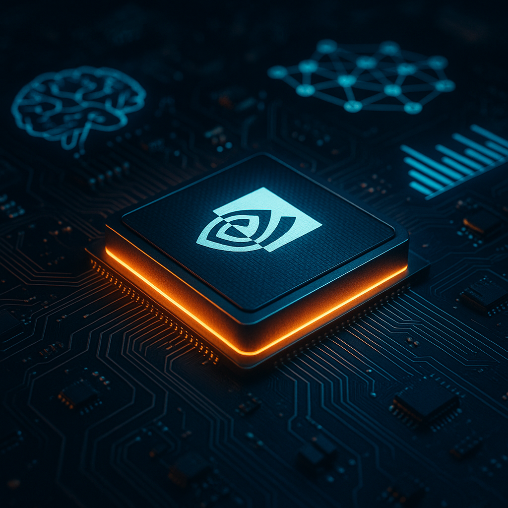 A visualization of Nvidia's logo and a computer chip surrounded by AI-related graphics