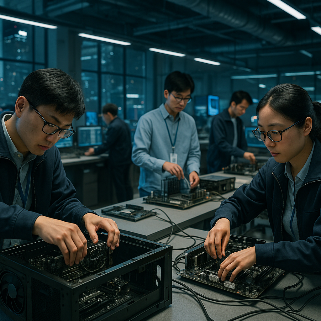 A bustling tech innovation hub in China with engineers working on computer hardware