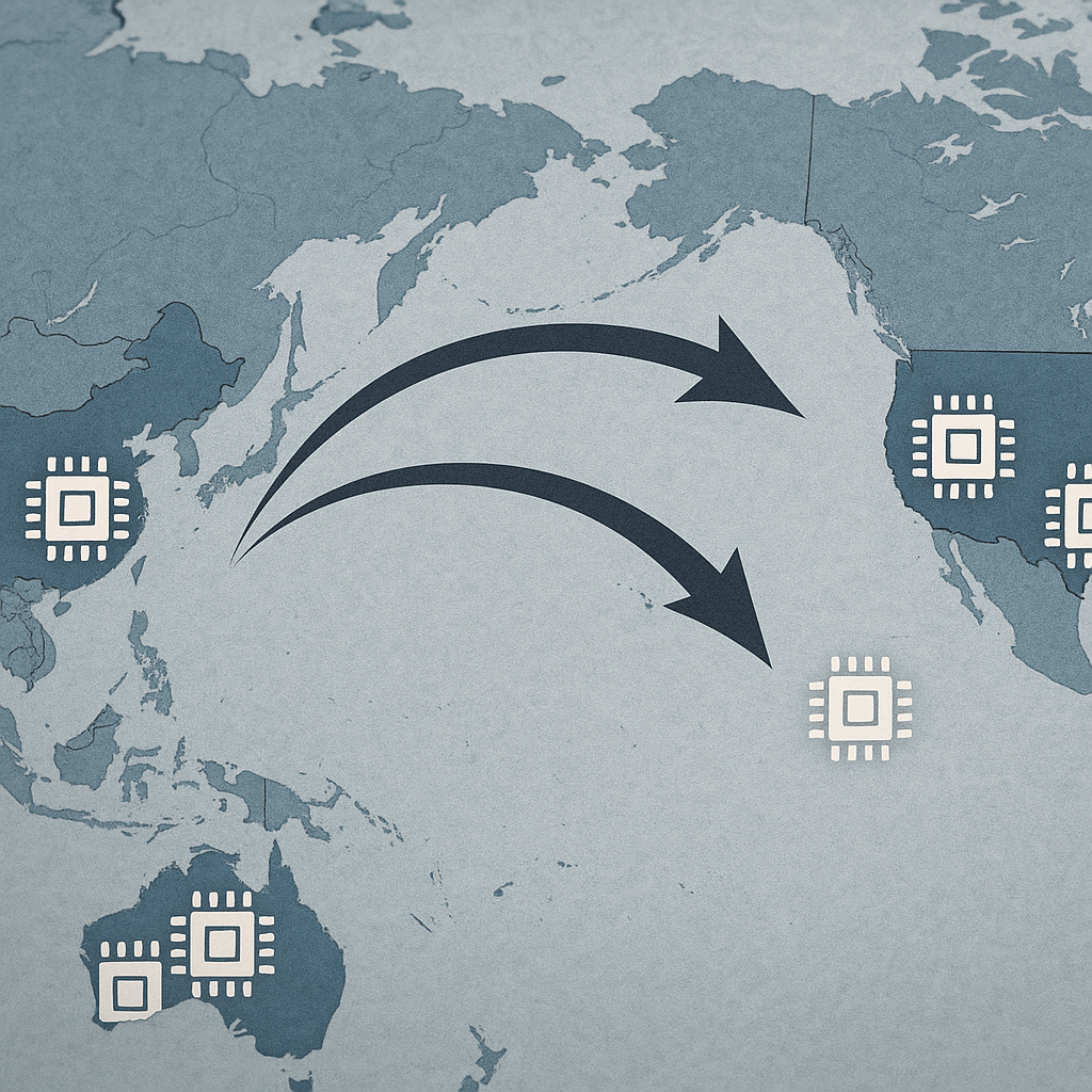 A map of China and the U.S. with symbols representing trade routes and semiconductor industry hubs
