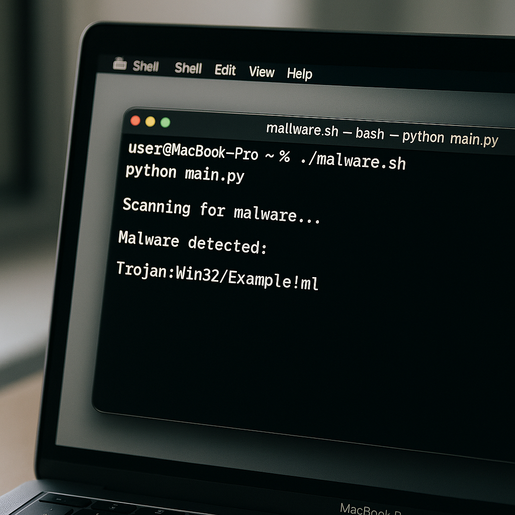 Illustration of a hacker coding on a computer, with macOS interface features visible