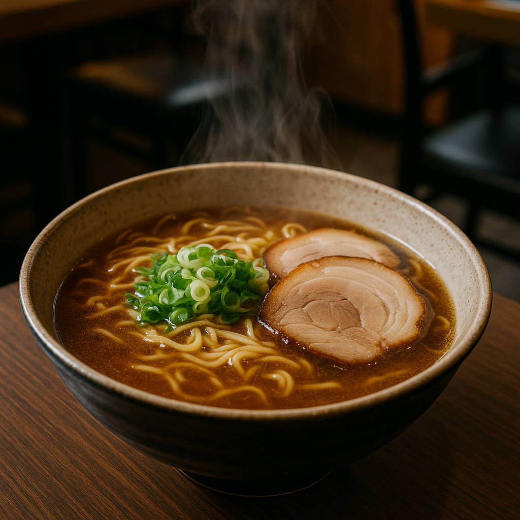 A close-up of a steaming bowl of ramen with broth, noodles, and toppings