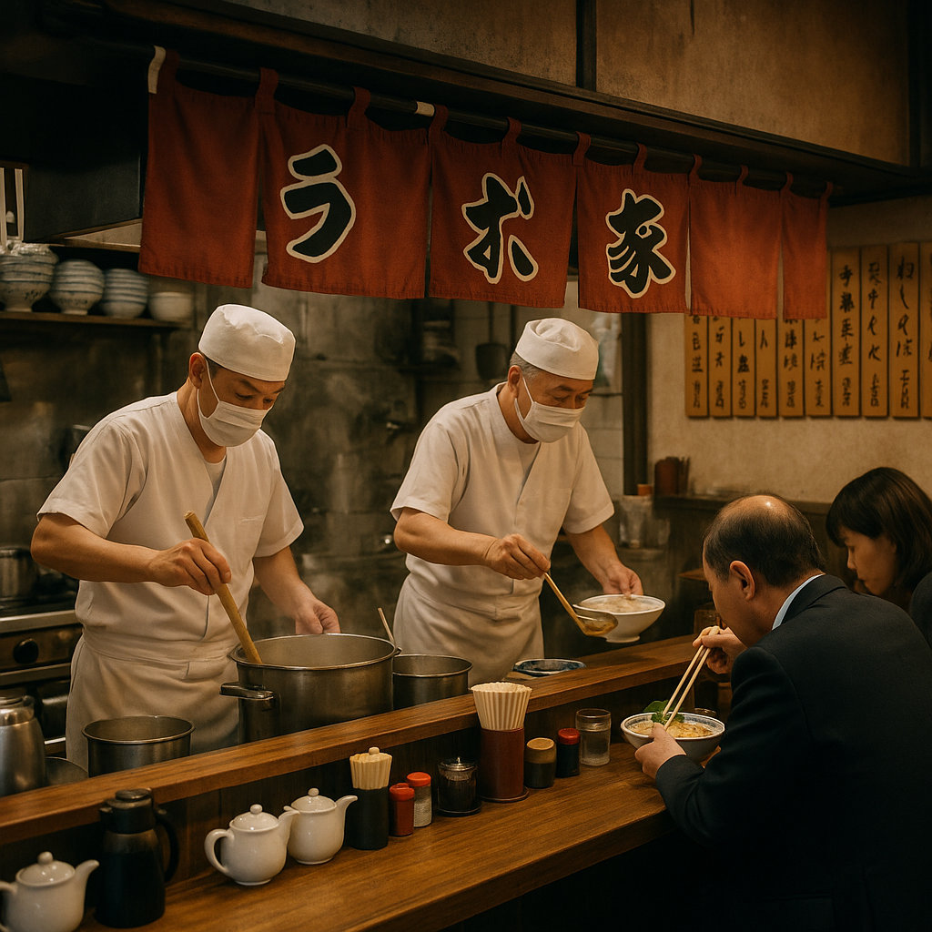 Interior view of a cozy ramen shop with chefs preparing dishes