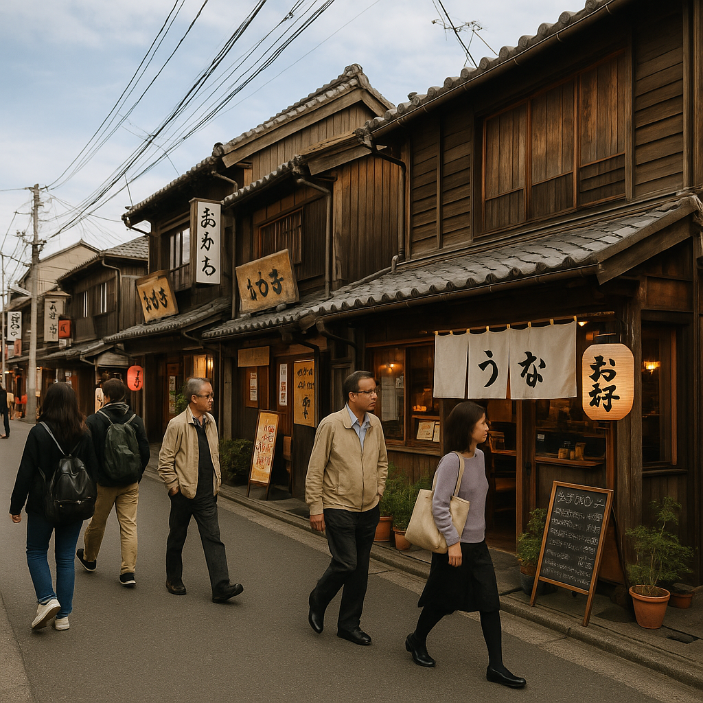 A wide-angle shot of Fussa town with people walking along traditional streets