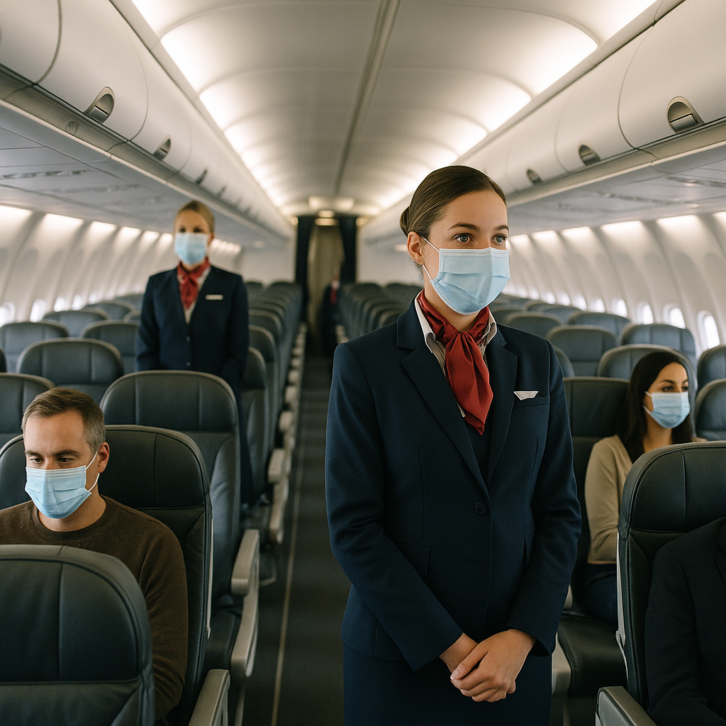 Close-up of an airplane cabin with masked flight attendants and passengers