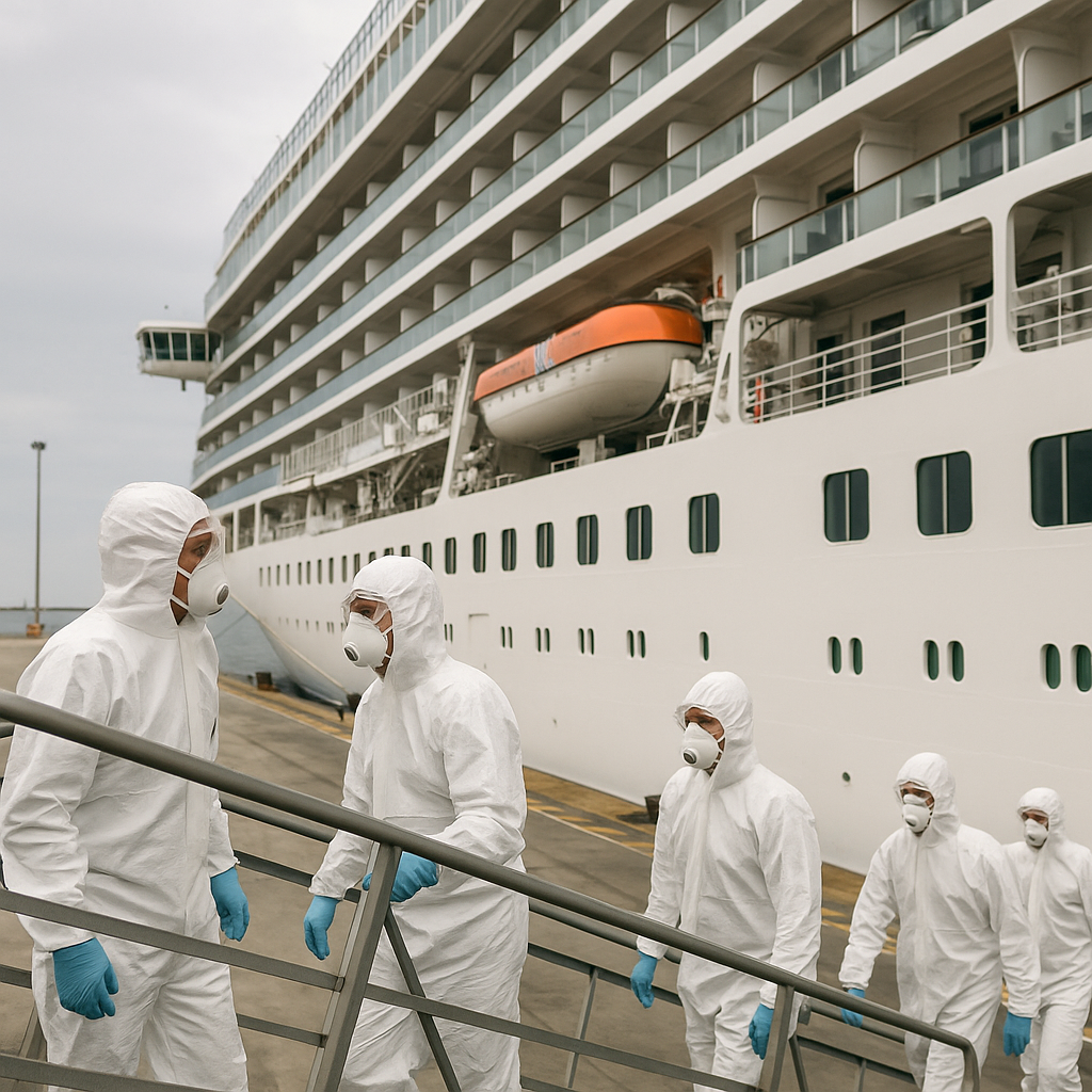 Close-up of a cruise ship docked, with health workers in PPE entering the vessel