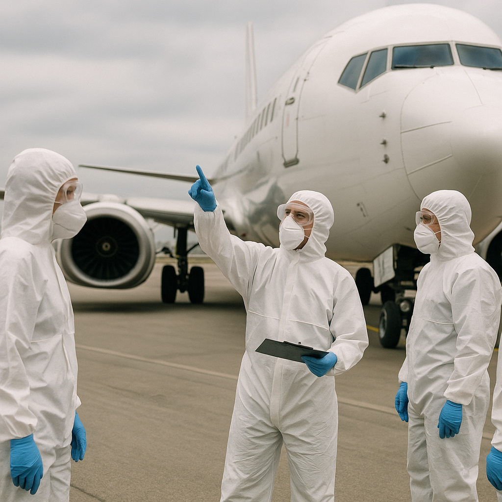Health officials inspecting an airplane parked on a runway at Schiphol Airport
