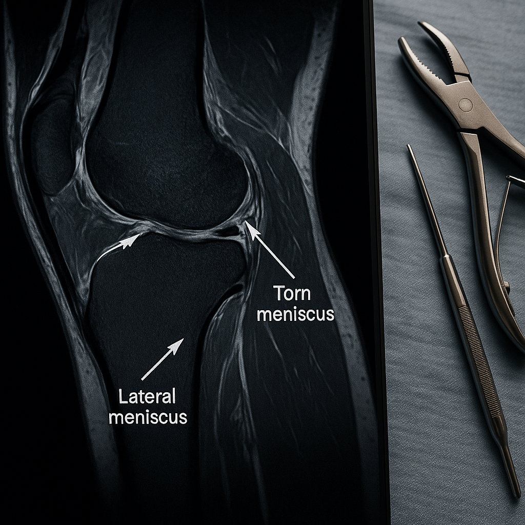 Medical professionals reviewing an MRI scan of a knee with cartilage damage