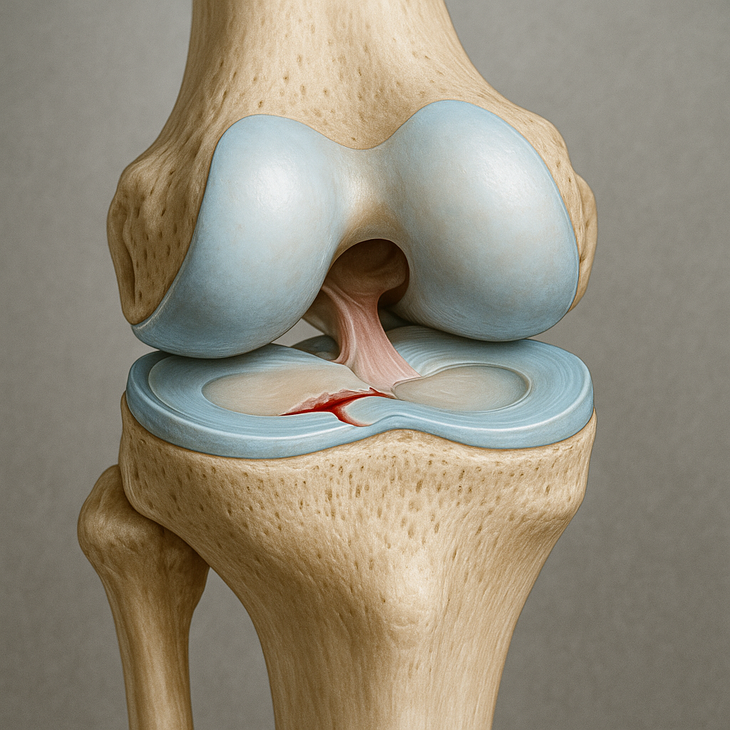 Diagram showing the anatomy of the knee joint with an emphasis on a torn meniscus
