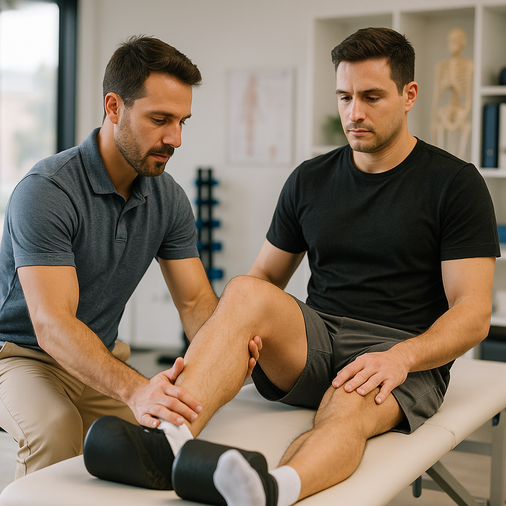 Physiotherapist assisting a patient during a knee rehabilitation session