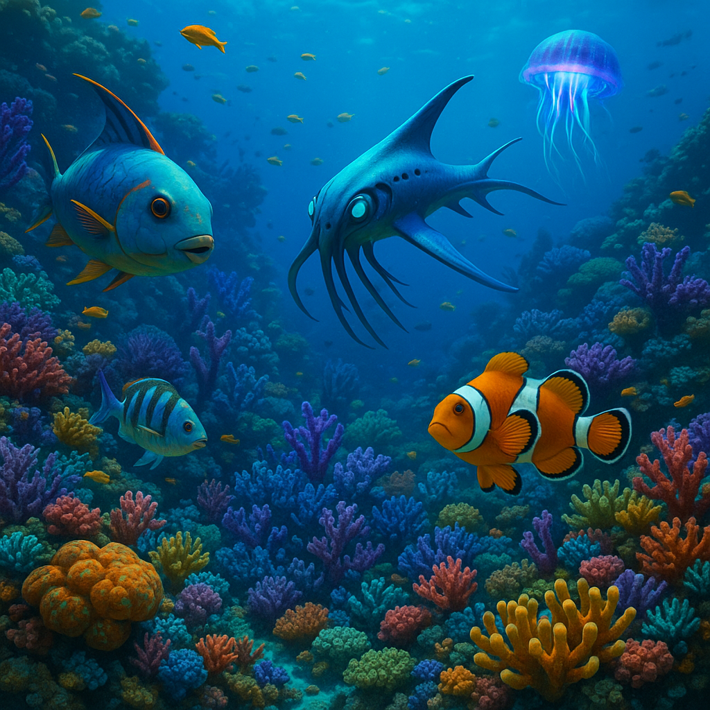 An underwater game world with vivid coral reefs and aquatic creatures