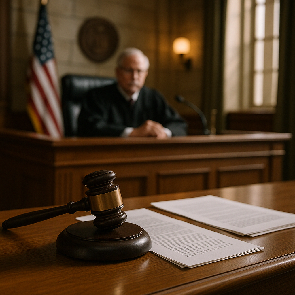 A courtroom with gavel and legal documents, symbolizing contract disputes