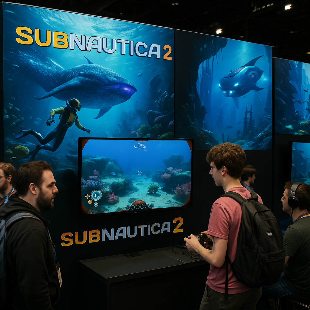 A vibrant gaming convention booth showcasing Subnautica 2 branding
