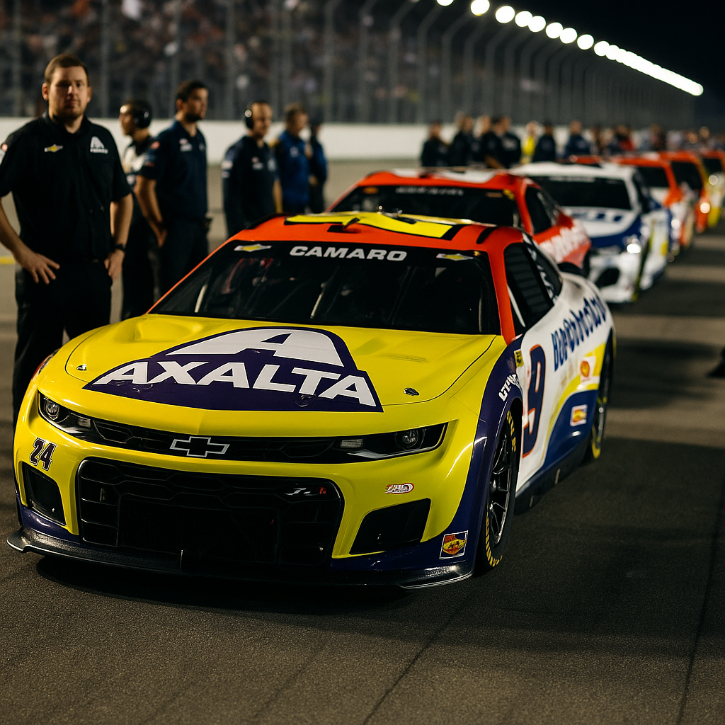 A close-up of NASCAR race cars lining up at the start line