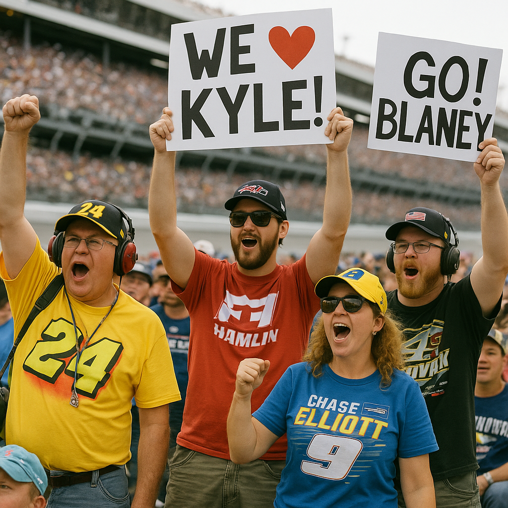 A NASCAR fan holding a homemade sign in support of Kyle Busch during a race
