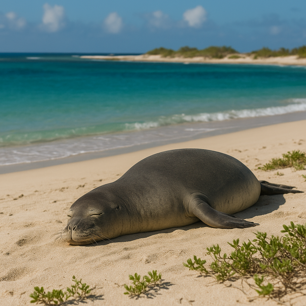 A Hawaiian monk seal resting on a beach in Hawaii