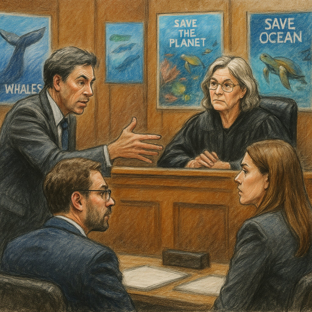 A courtroom sketch showing an ongoing legal trial, possibly with marine conservation imagery as context