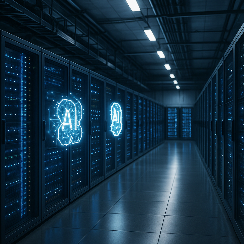 A data center with glowing server racks to symbolize AI infrastructure