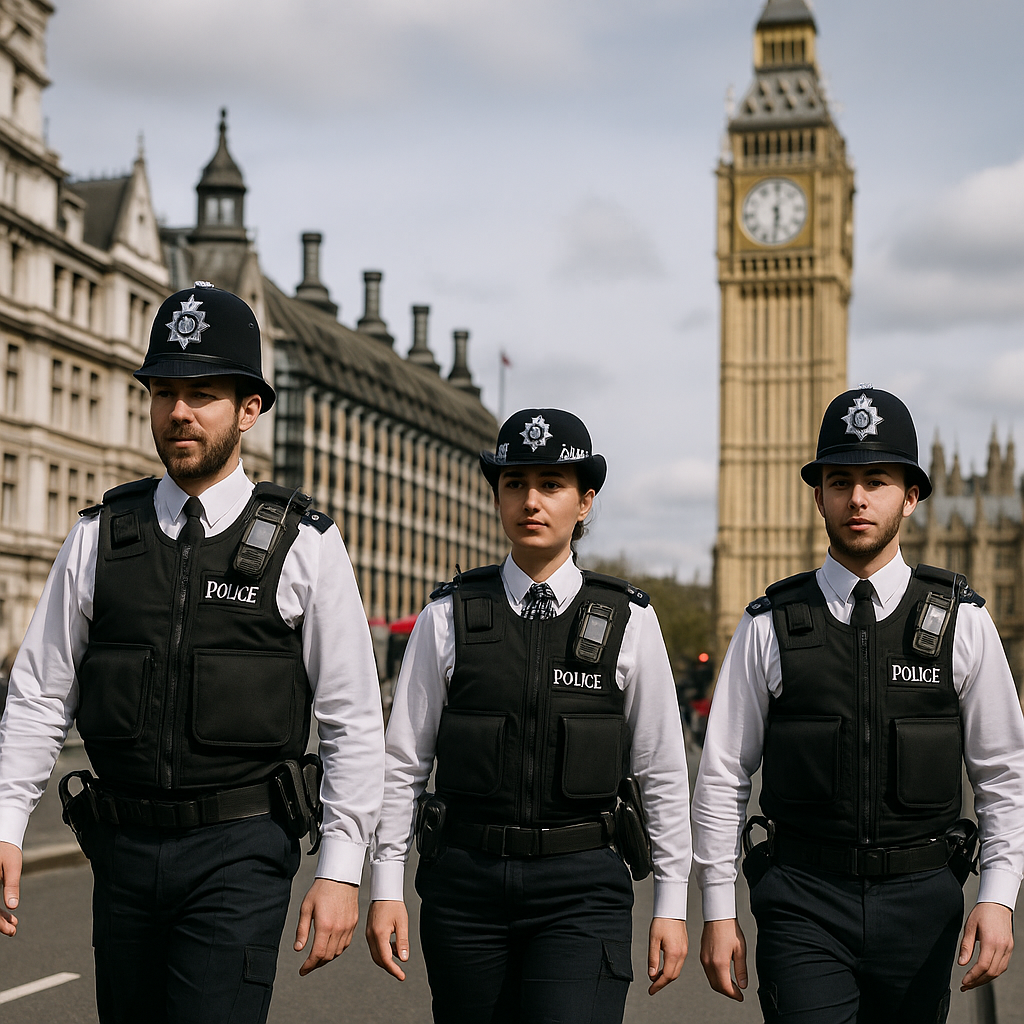 Police officers walking in London, their uniforms blending with iconic London landmarks