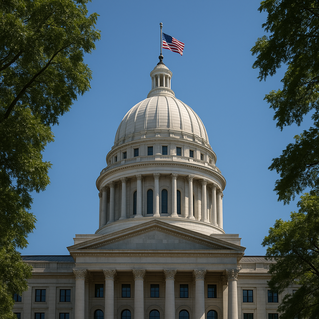 Louisiana Capitol building with clear skies and trees framing the view