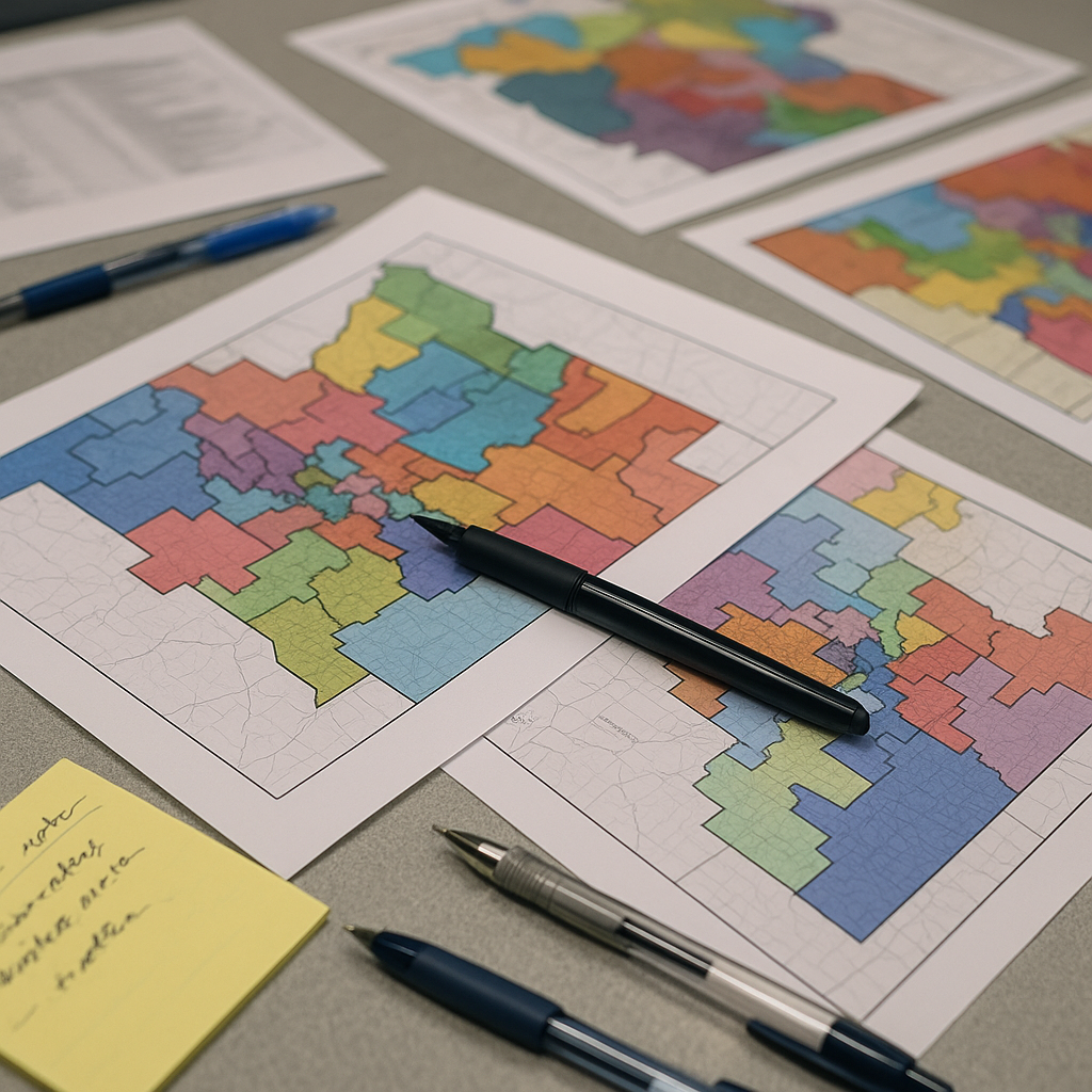 Close-up of redistricting maps spread across a table with pens and notes