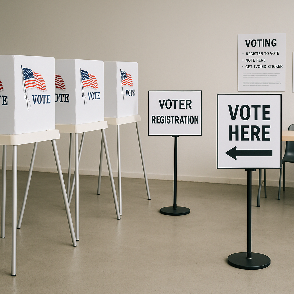 Close-up of voting booths with curtains and voter registration signs in a polling station