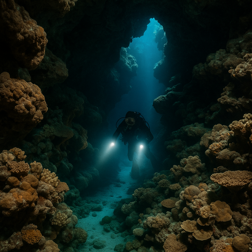 An underwater cave with soft corals illuminated by diving lights