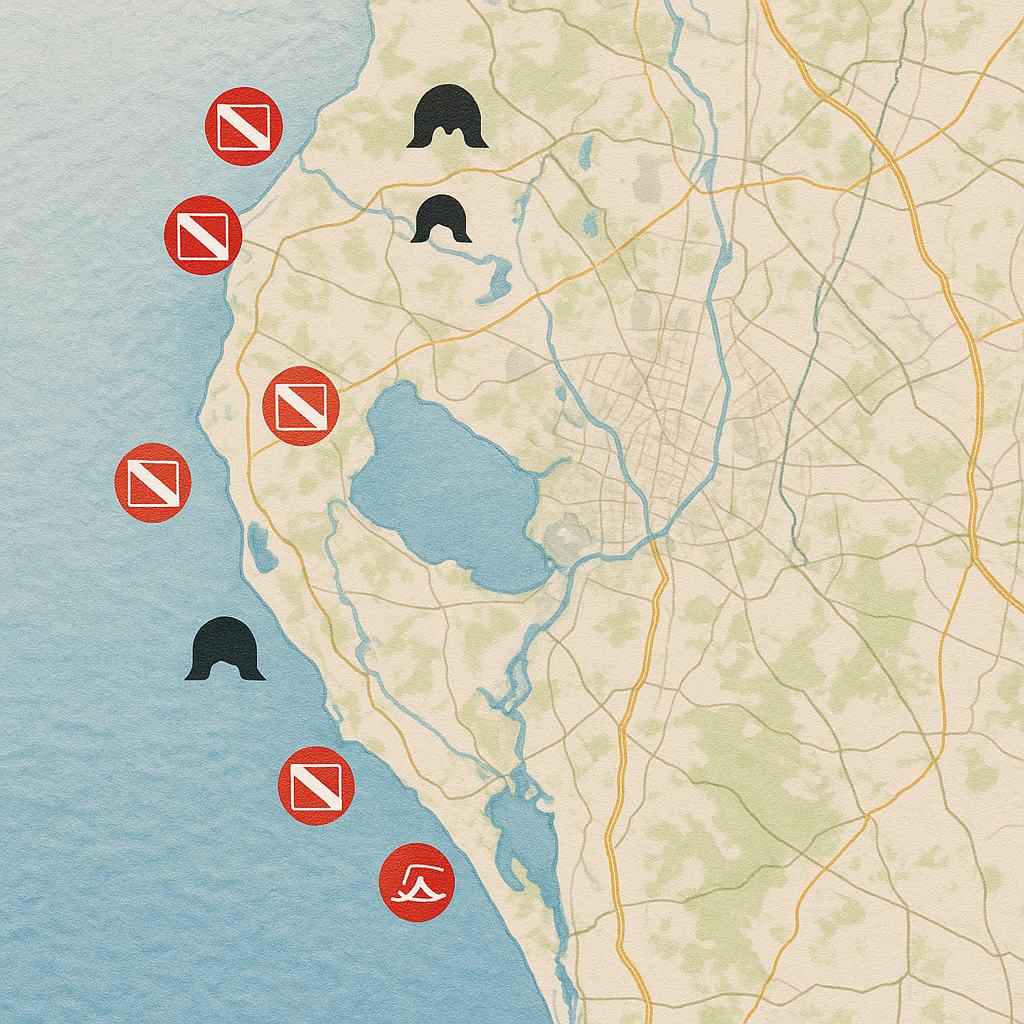 A map showing the Vaavu Atoll dive sites, indicating the cave location